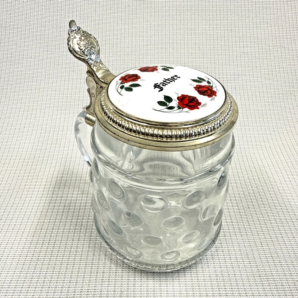 Vintage Original BMF Bierseidal Glass Stein, Nickle Ceramic Lid, 1 Pint - Father